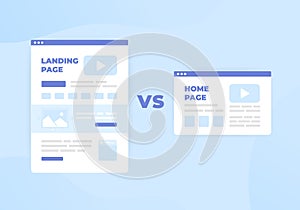 Landing Page vs Home Page concept. Difference between standalone lead generation landing web page, designed for specific