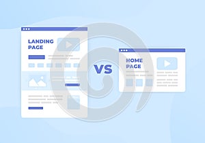Landing Page vs Home Page concept. Difference between standalone lead generation landing web page, designed for specific marketing