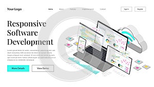 Landing Page Web development and coding. Cross platform development website. Adaptive layout user interface on screen laptop,