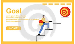 Landing page for a website, the concept of achieving goals. A man climbs up the stairs