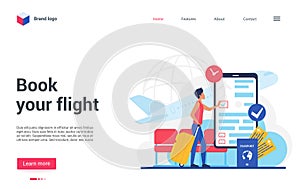 Travel business technology to book flight landing page, traveler booking airplane ticket