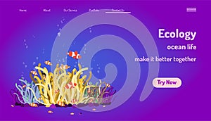 Landing page website template. ecology ocean life. make it better together. nemo fish play funny with coral and bubble. purple