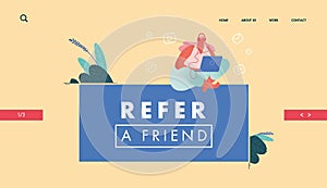 Landing Page with Woman and Computer Referring A Friend Concept Design, Website with People Character share info