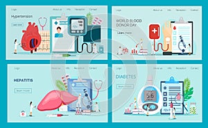 Landing pages with blood glucose testing meter, hypotension and hypertension, hepatitis, blood donation.