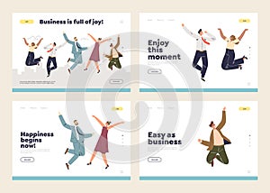 Landing pages set with business success and celebration concept and happy businesspeople jumping