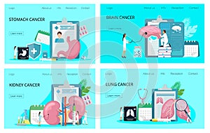 Landing pages of stomach, kidney, brain, lung cancer concepts . Healthcare, chemotherapy,