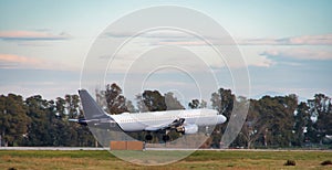 landing of the plane near the field. a modern white airplane lands near the airport.