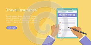 Landing travel insurance on clipboard with hands