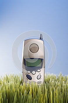 Landline telephone placed in grass. photo