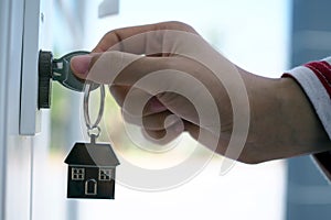 Landlord unlocks the house key for new home