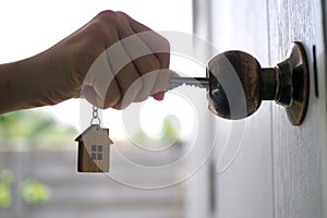 Landlord unlocks the house key for new home