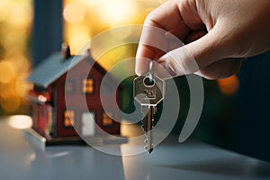 Landlord unlocks the house key, welcoming new homeownership