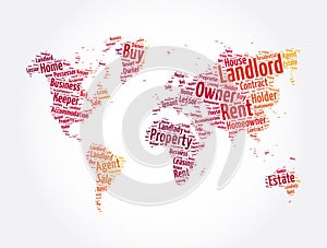 Landlord word cloud in shape of world map, concept background