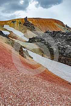 Landmannalaugar, Iceland, Brennisteinsalda Mount. Beautiful Icelandic landscape of colorful rainbow volcanic Landmannalaugar