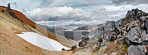 Landmannalaugar, Iceland, Brennisteinsalda Mount. Panoramic at beautiful Icelandic landscape of colorful rainbow volcanic