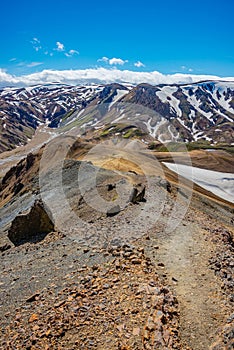 Landmannalaugar, Iceland. Panoramic bird view at beautiful Icelandic landscape of colorful rainbow volcanic Landmannalaugar