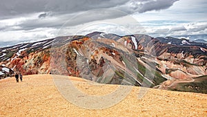 Landmannalaugar, Iceland. Panoramic bird view at beautiful Icelandic landscape of colorful rainbow volcanic Landmannalaugar