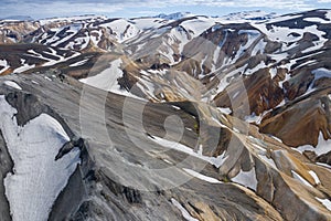 Landmannalaugar National Park - Iceland. Rainbow Mountains. Aerial view of beautiful colorful volcanic mountains. Top view.