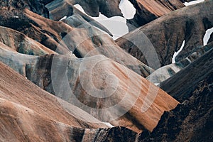 Landmannalaugar rainbow mountains close up photograph. Details of the Rainbow Mountains in the Highlangs of Iceland