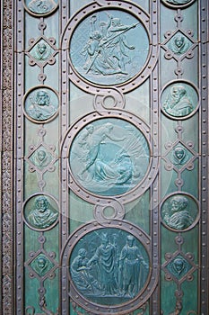 Landmark attraction in Prague. Detail of door of Catholic Church of Saints Cyril and Methodius - Czech Republic