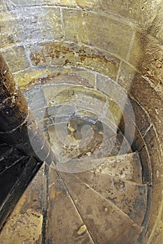 Landmark attraction in Prague. Gothic spiral stone staircase in Powder Tower, Czech Republic