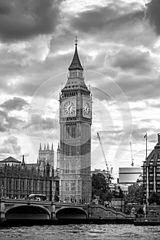 Landmark Big Ben clock tower, London, B&W