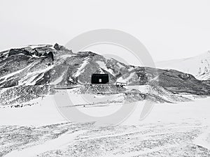 The landmark black hut on Snow Hill Island, Antarctica.