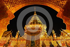 Landmark in CHIANG MAI THAILAND Wat Phra That Doi Suthep gold pagoda and golden buddhist temple at night view time without people
