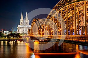 Landmark in Germany, illuminated Cologne Cathedral at night