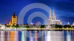 Landmark in Germany, illuminated Cologne Cathedral at night