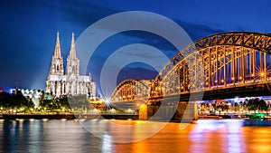 Landmark in Germany, illuminated Cologne Cathedral at night