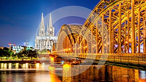 Landmark in Germany, illuminated Cologne Cathedral at night