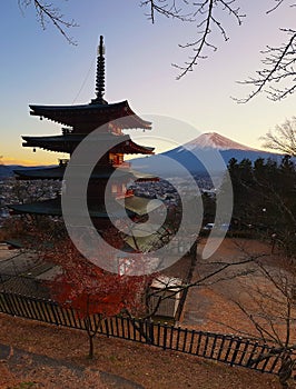 Landmark of japan Chureito red Pagoda and the Mt. Fuji in Fujiyoshida, Japan