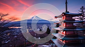 Landmark of japan Chureito red Pagoda and Mt. Fuji in Fujiyoshida, Japan