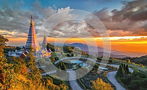 Landmark Landscape of two pagoda on the top of Inthanon mountain, Chiang Mai, Thailand. Pagodas at sunset sunrise. aerial view top