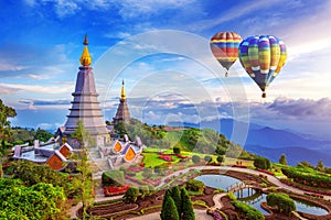 Landmark pagoda in doi Inthanon national park with Balloon at Chiang mai.