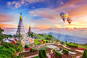 Landmark pagoda in doi Inthanon national park with Balloon at Chiang mai.