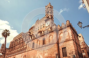 Landmark of Palermo, the 18th century Palermo Cathedral with clock tower, Sicily. Arab-Norman architecture style