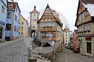 Landmark spot in the old town, view on snowless winter afternoon, Rothenburg ob der Tauber, Germany photo