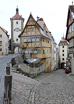 Landmark spot in the old town, view on snowless winter afternoon, Rothenburg ob der Tauber, Germany photo