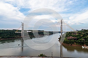 Landmark of the three borders, hito tres fronteras, Paraguay, Brazil and Argentina at Puerto Iguazu, Argentina