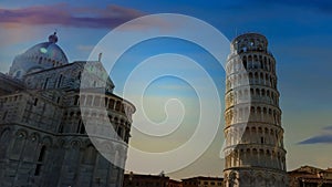 Landmark of travel in Italy with the Leaning tower of Pisa, Italy. at Sunset sky scene in the city of Pisa