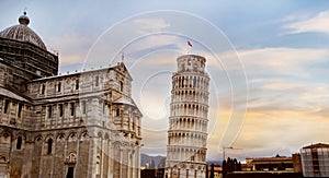 Landmark of travel in Italy with the Leaning tower of Pisa, Italy. at Sunset sky scene in the city of Pisa,Italy