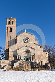 Landmark university chapel facade and tower in st paul