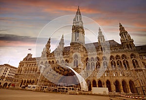 The landmark of Vienna in a City hall and twilight sky which Tall gothic building in Vienna, Austria