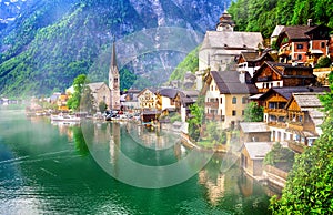 Landmarks of Austria , lake and beautiful village Halstatt.