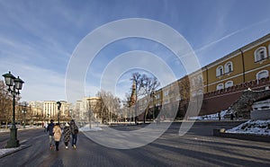 Landmarks in the beautiful Alexander Garden near the ancient Kremlin, Moscow, Russia