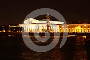 Landmarks in the city of St. Petersburg in Russia, the embankment of the Neva River with Rastral columns on the other side at