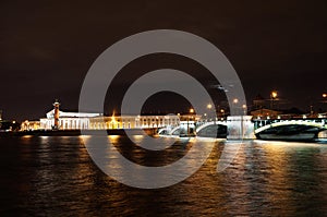 Landmarks in the city of St. Petersburg in Russia, Neva river with a bridge illuminated by lanterns at night