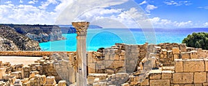 Landmarks of Cyprus island  - antique Kourion Temple over beautiful turquoise sea